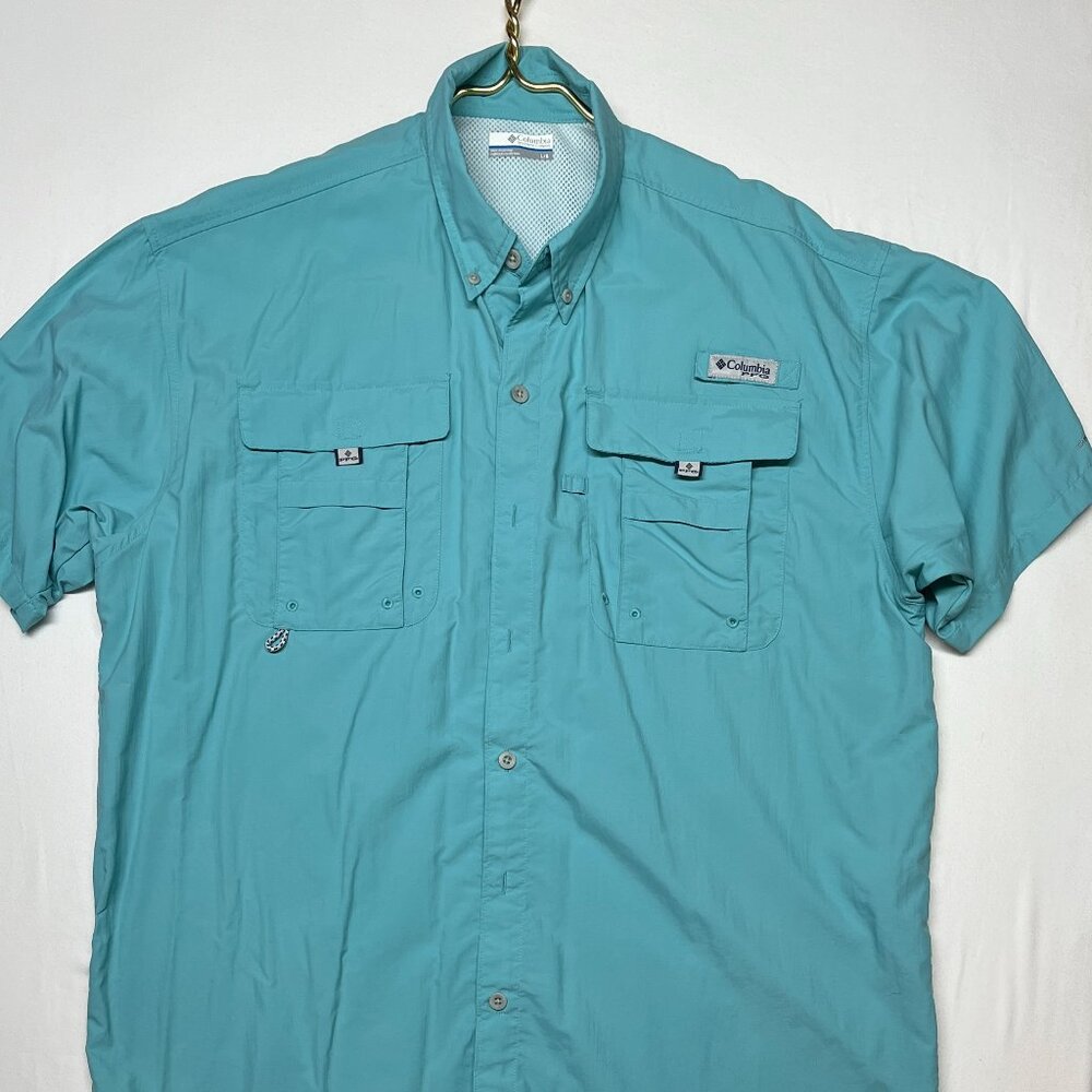 Columbia PFG Shirt Men's L Teal Omni Shade Short Sleeve Fishing Vented